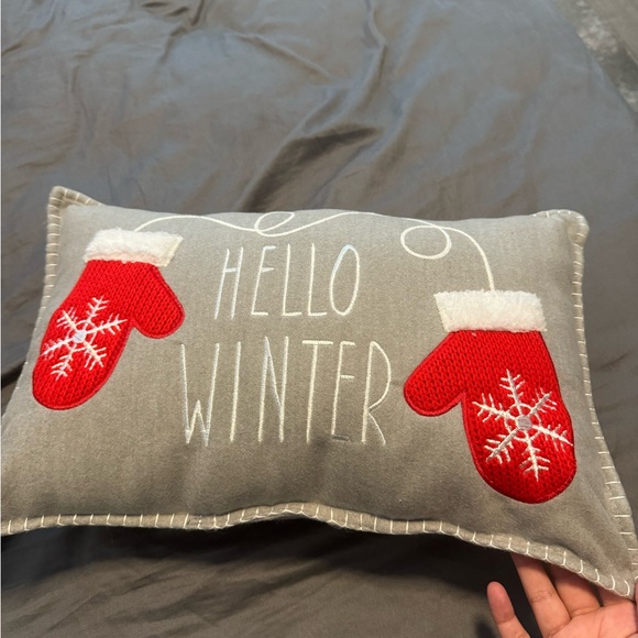 NWOT “Hello Winter” grey throw pillow with red mitten accents - Picture 2 of 7